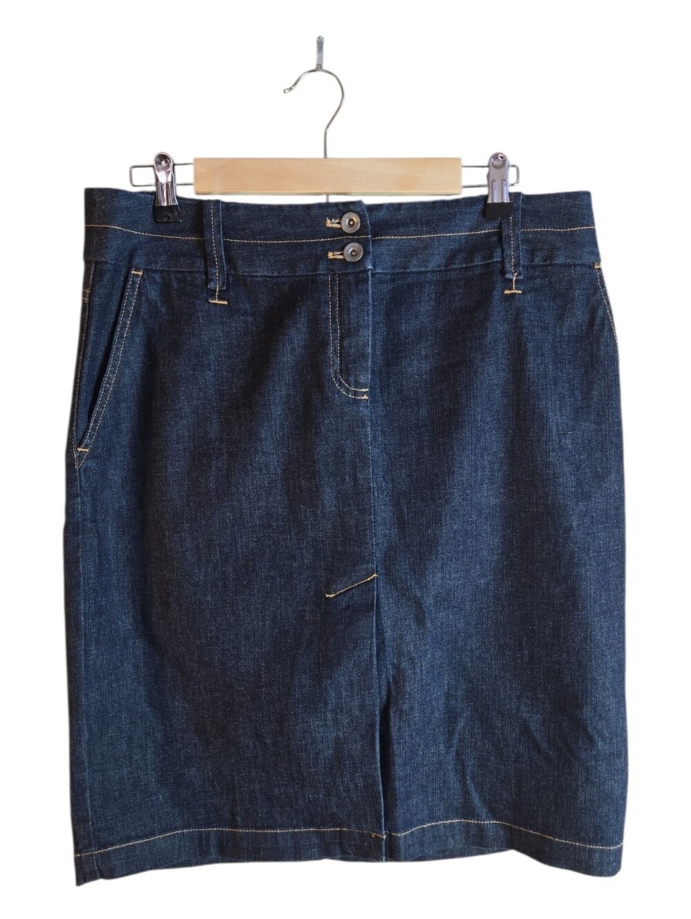 Faconnable Women's Dark-wash Blue Denim Skirt - Contrast Gold Stitching Size 12